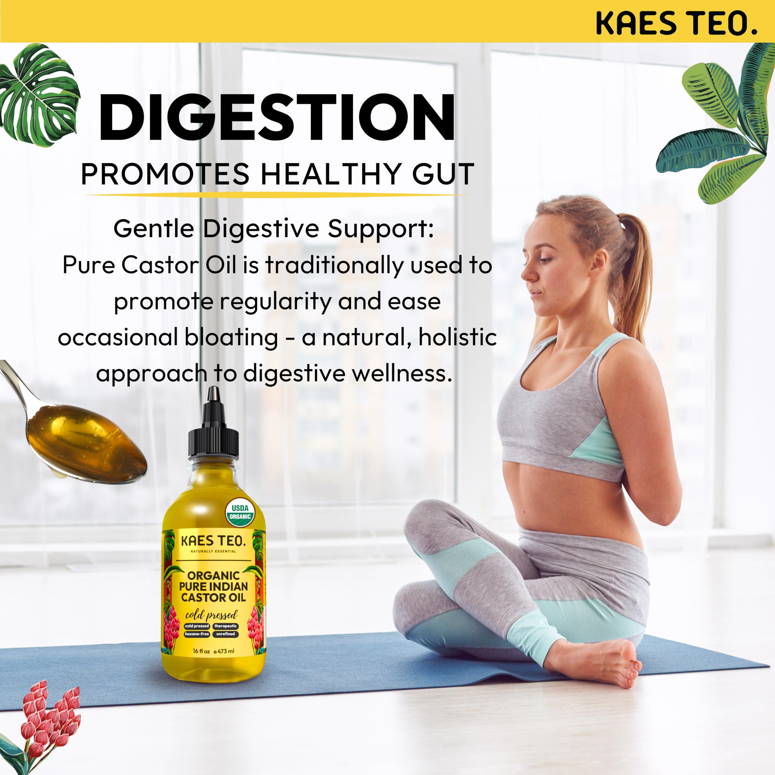 Kaes Teo Cold Pressed Organic Castor Oil Hexane Free - 16 Fl Oz - 100% Pure, Natural - Premium Grade Carrier Oil for Hair Growth, Eyelashes and Eyebrows, Skin, Nails, Face & More, Castor Oil Packs